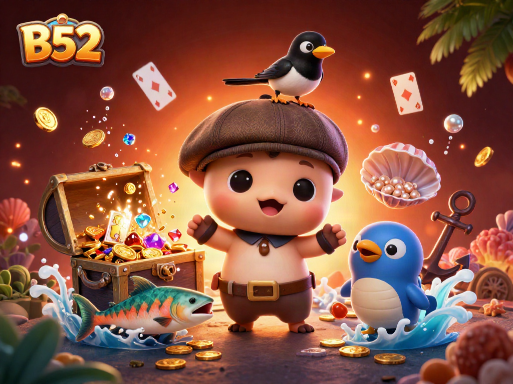 B52 casino illustration showcasing playful Nessie and gold treasures for engaging gambling fun