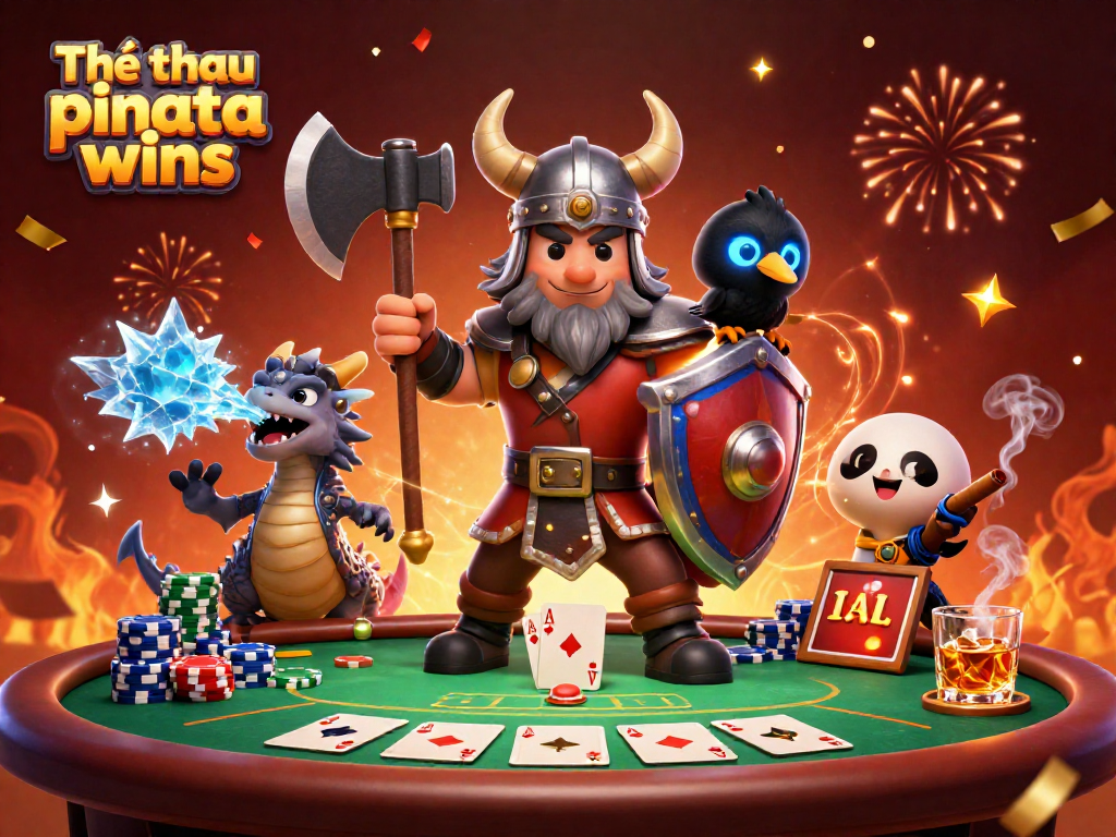 Engage in Thể thao pinata wins as a Viking wolf warrior battles alongside a fierce dragon and raven in a vibrant casino scene.