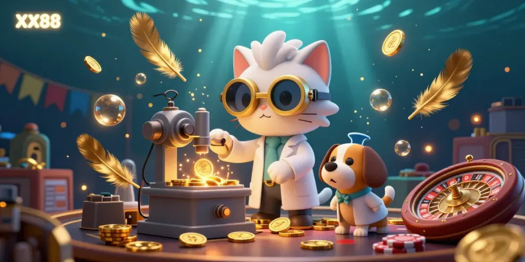 Engaging XX88 scene with cartoon scientist cat and dog creating a gold replication machine surrounded by casino elements.
