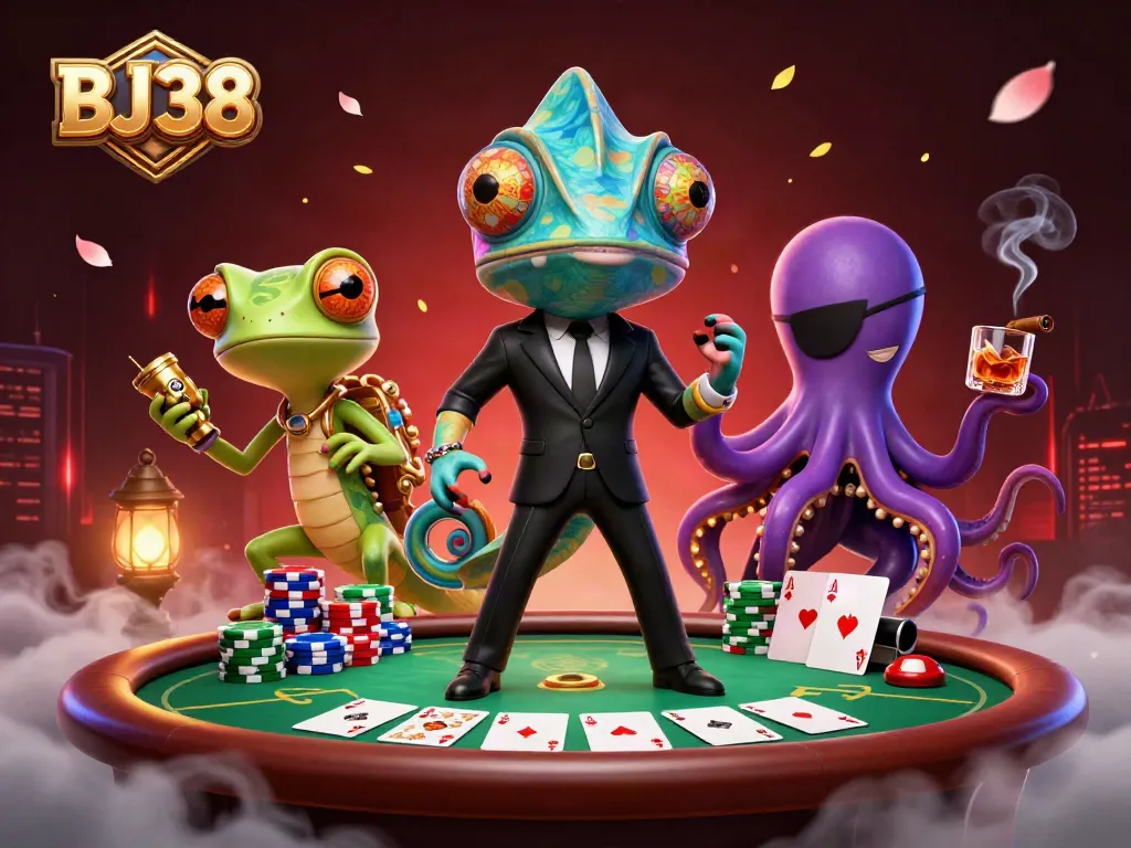 Experience thrilling gameplay with BJ38's dynamic casino scene featuring vibrant poker elements.
