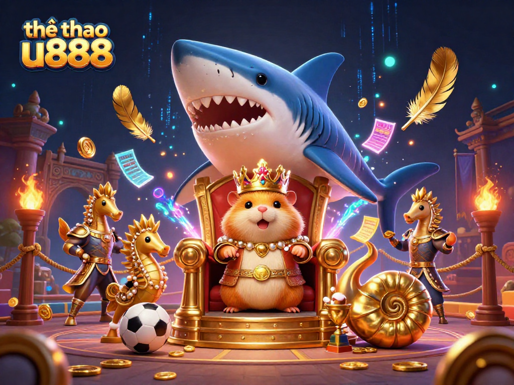 Engage with thể thao u888 sports betting scene featuring an enchanting golden hamster king in a dynamic arena.