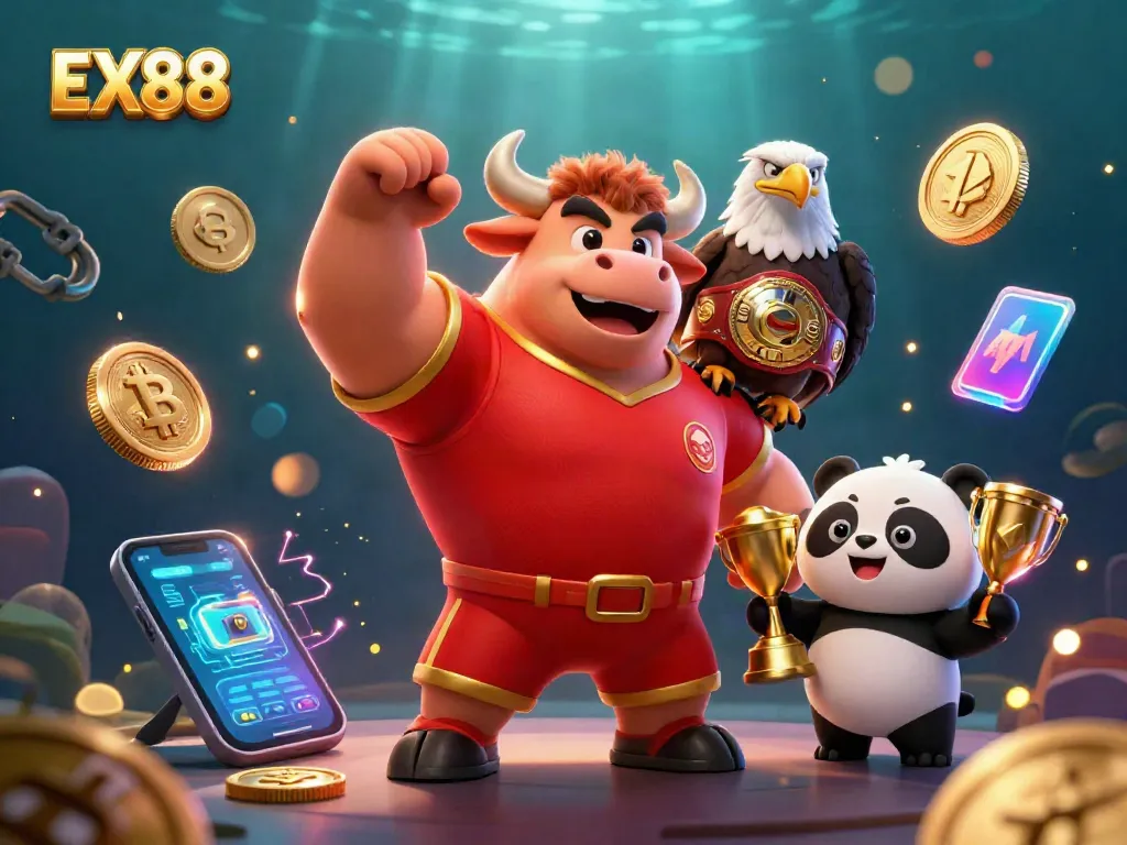 Celebrate your wins with EX88, featuring a muscular bull mascot, eagle, and panda in a dynamic casino scene