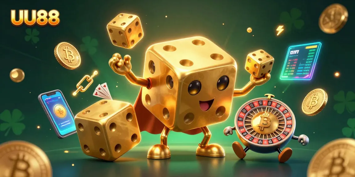 UU88 evokes excitement with a golden dice golem and crypto elements in a vibrant casino scene
