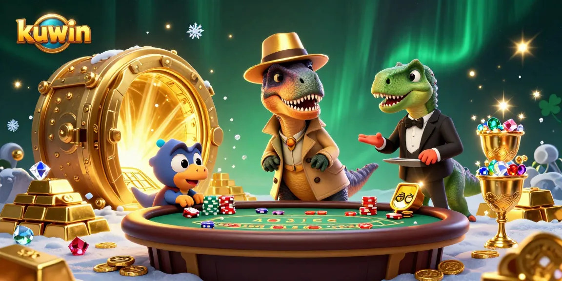 Kuwin velociraptor card counter blends into a casino scene with sparkling gold chips and treasures