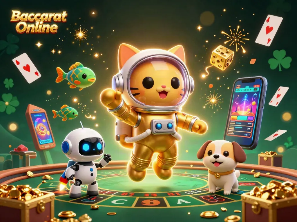 Engage in Baccarat Online with an astronaut cat and robot dog amid dynamic casino elements and interstellar treasures.