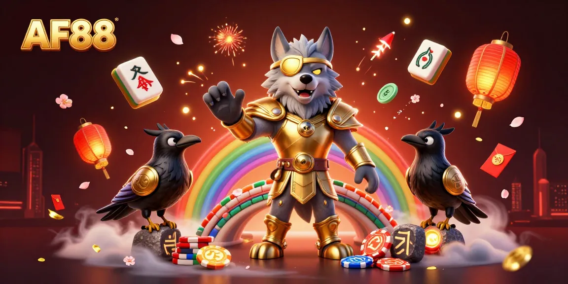 Join the adventure with AF88 in a vibrant, casino-themed Norse mythology scene featuring dynamic characters and gaming elements.