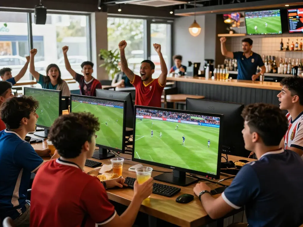 Xoilactv fans in a lively sports bar enjoying live soccer matches on big screens.