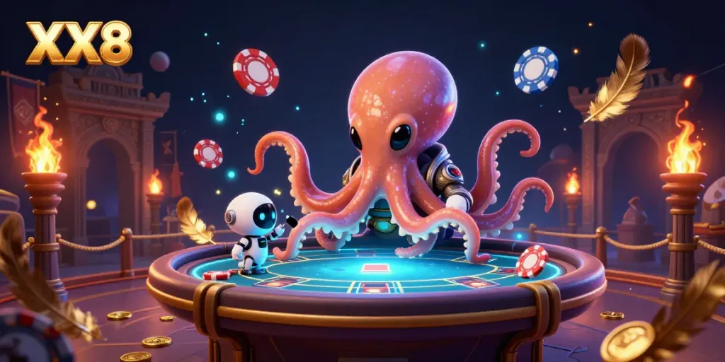 Experience the thrill of XX8 with a vibrant casino scene featuring an alien octopus and poker elements.
