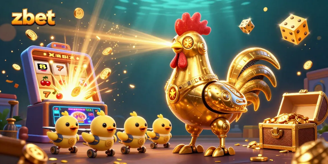 Experience zbet's vibrant casino world with a golden rooster robot and thrilling game elements.