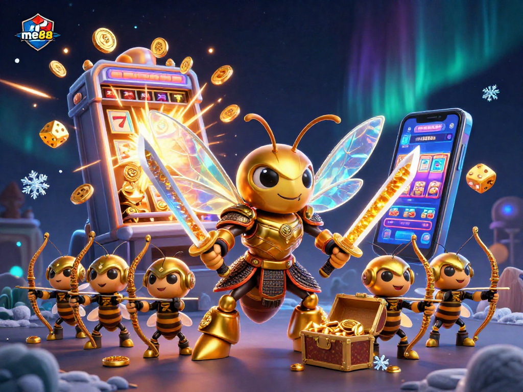 Engage with me88's exciting games as a giant golden hornet leads bee archers in a vibrant 3D casino illustration.