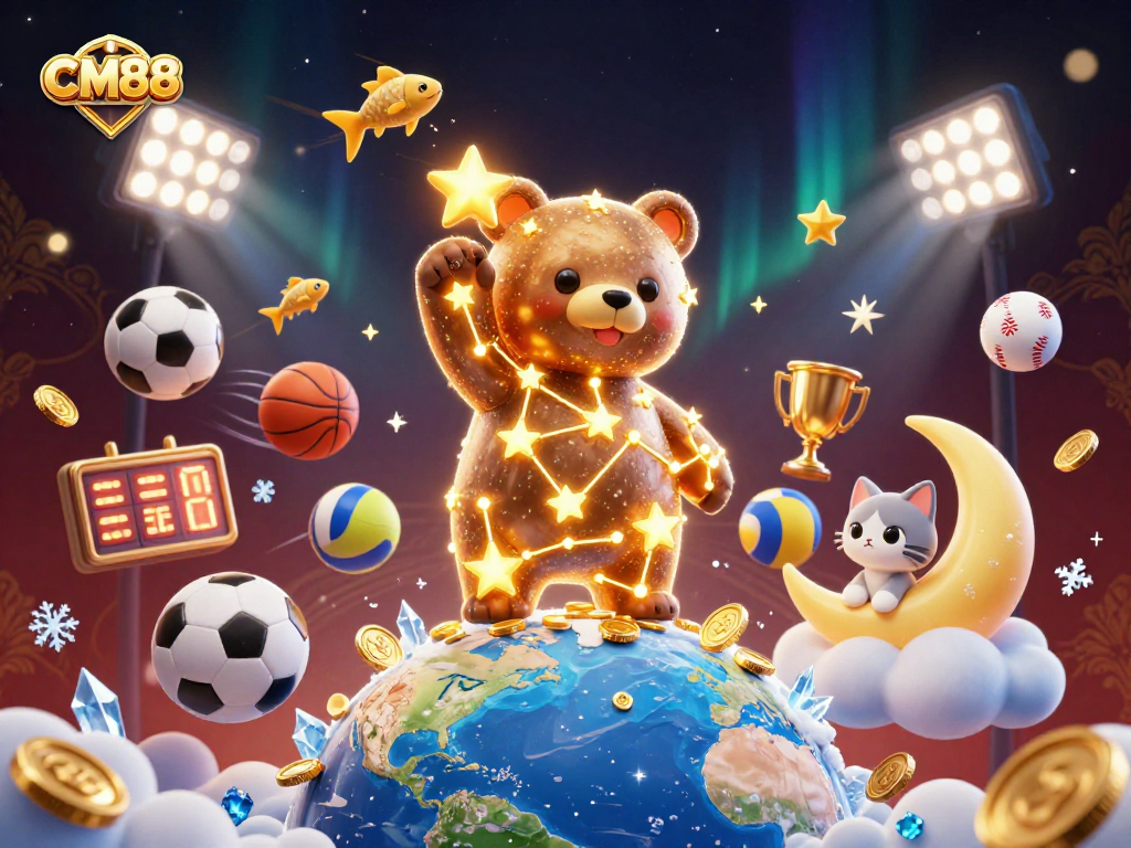 Engage in thrilling gaming at CM88 with a cosmic scene showcasing a golden constellation bear and dynamic sports elements.