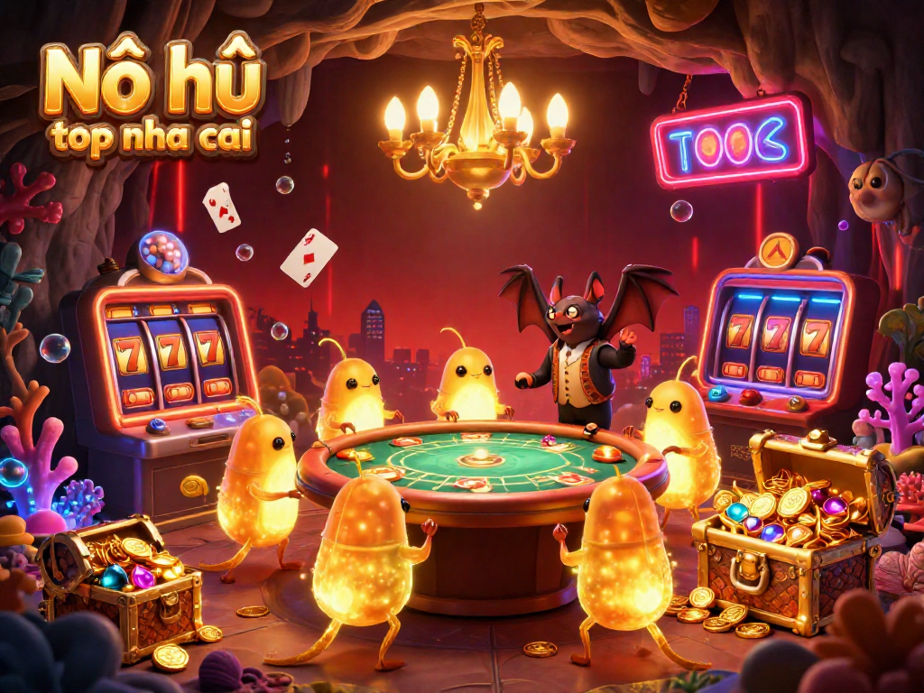 Nổ hũ top nha cai illuminates a vibrant casino scene with bioluminescent glowworms and dynamic slot elements.