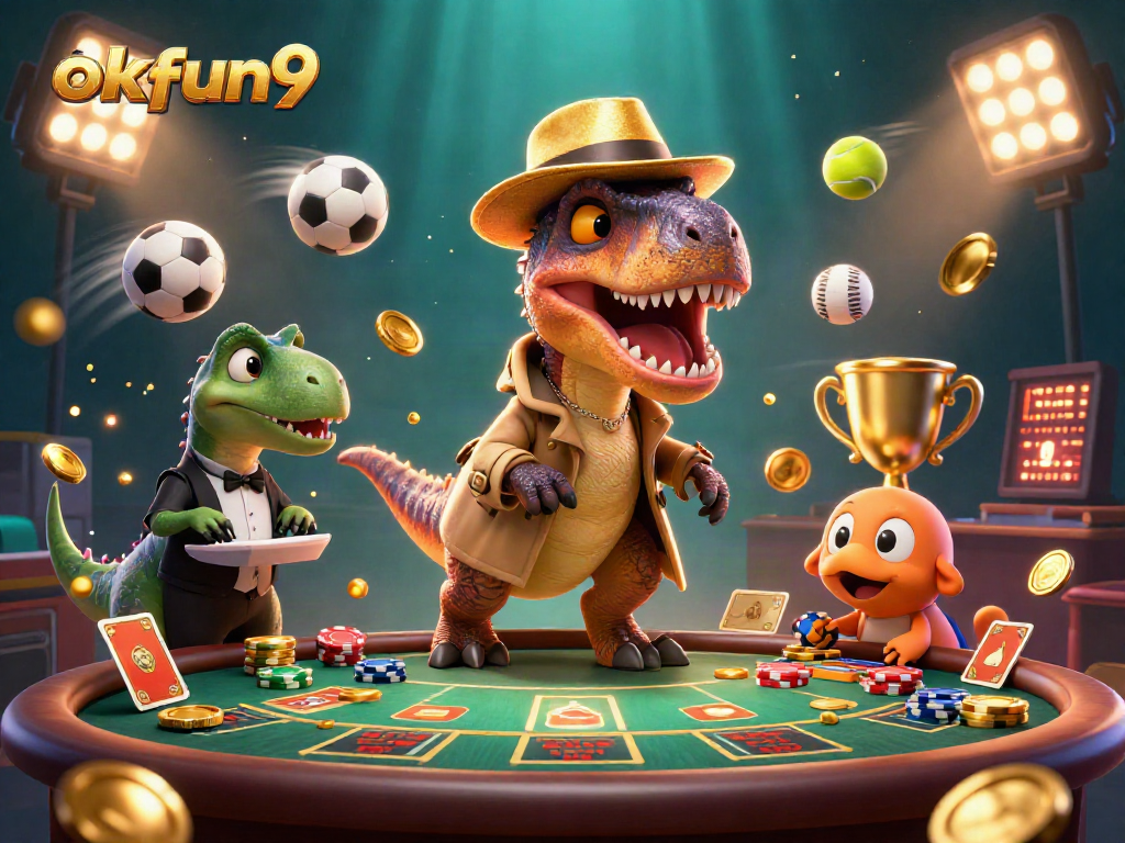 okfun9 shows a velociraptor card counter and dinosaur pit boss in an action-packed casino scene