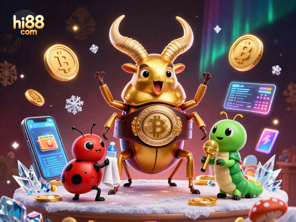 Capture adrenaline with hi88 com's vibrant 3D casino illustration showcasing a beetle boxing champion and crypto magic.