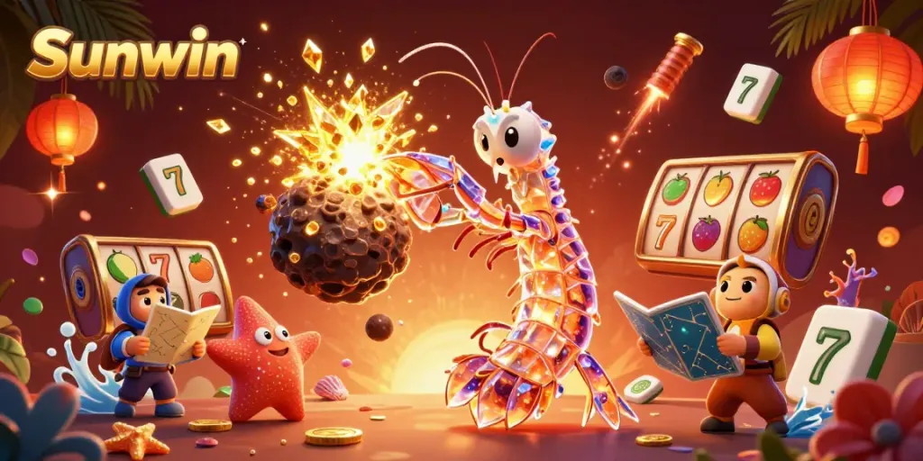 Experience the vibrant world of Sunwin with a galactic mantis shrimp and starfish amid a treasure explosion.