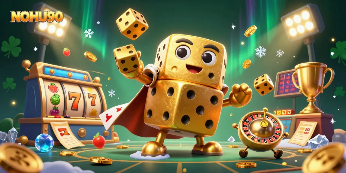Engage in thrilling gameplay at NOHU90 with entertaining golden dice characters and dynamic slot elements.