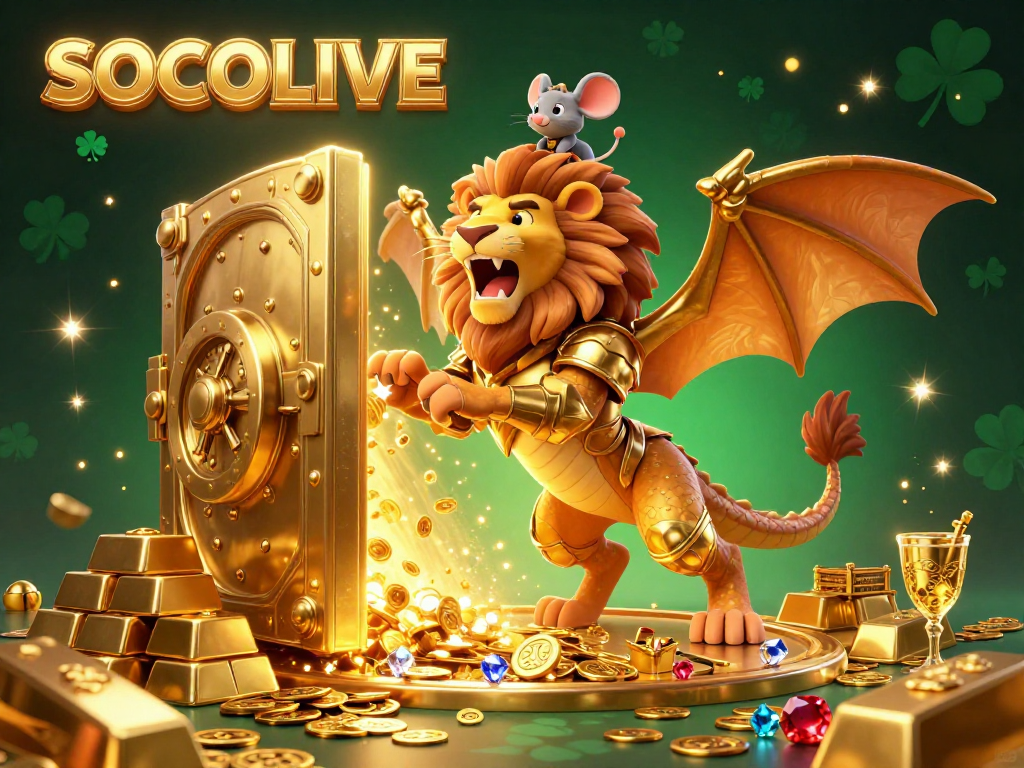 SOCOLIVE features a roaring chimera and mouse jockey in a rich, dynamic casino scene filled with treasures.