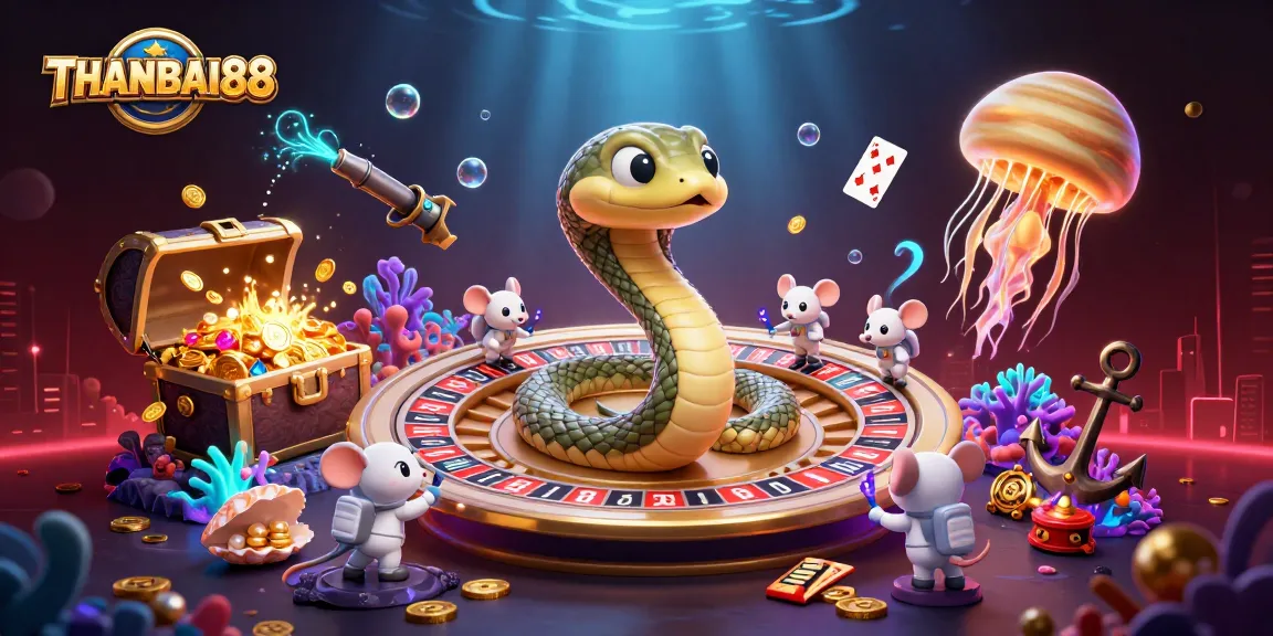Experience thrilling gaming at THANBAI88 with a vibrant 3D illustration of cosmic bets and fun.