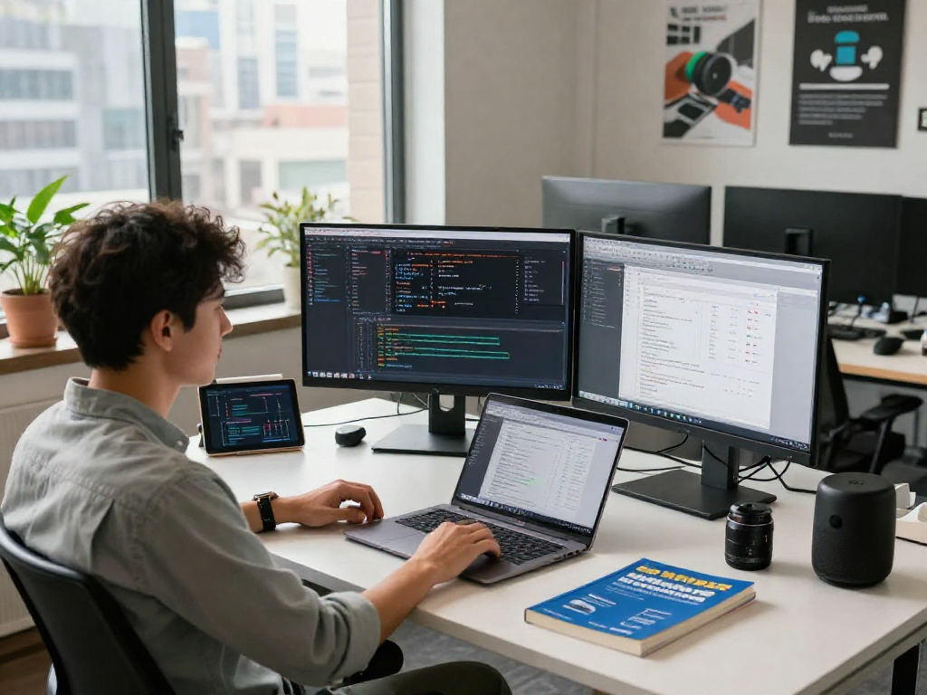 Developer focused on a coding project at a modern workspace featuring net88 software tools and gadgets.