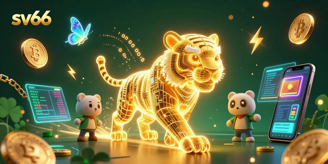 Engage with sv66's thrilling online casino environment featuring neon tigers and cryptocurrency elements.