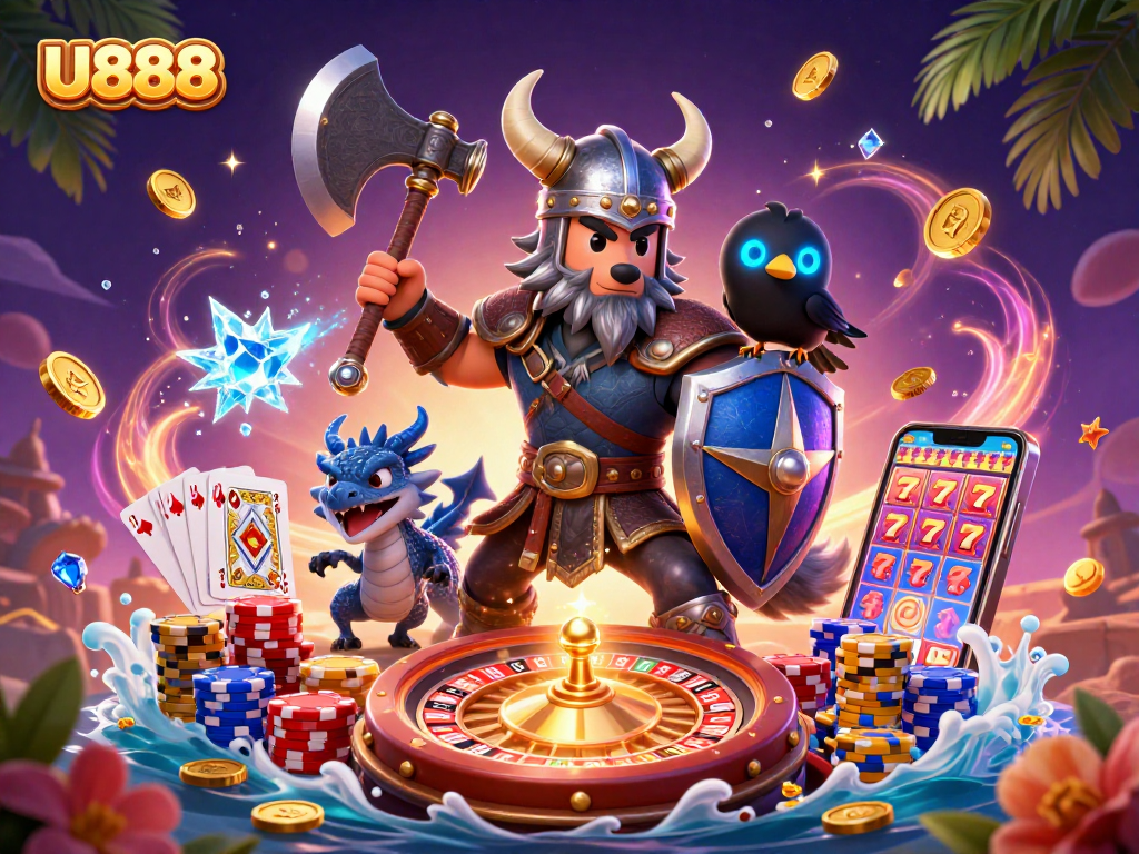 Experience U888 with a Viking wolf warrior, a fierce dragon, and vibrant casino elements in a thrilling gambling adventure.