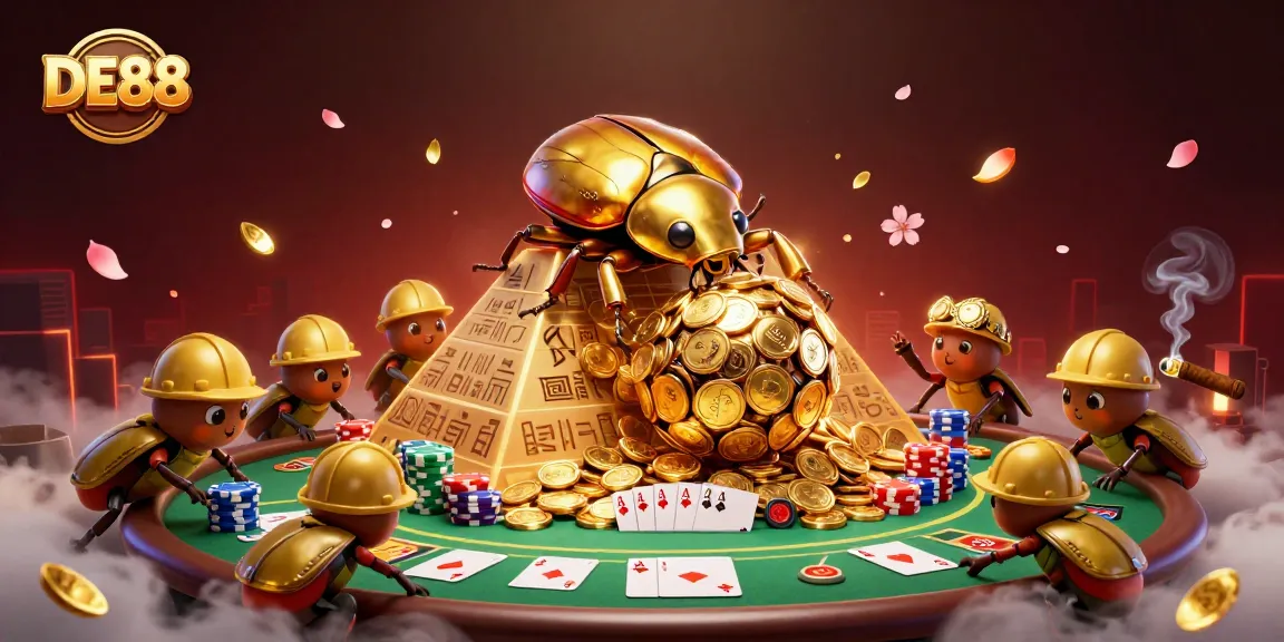 Experience DE88's vibrant casino adventure with golden beetles and poker elements.