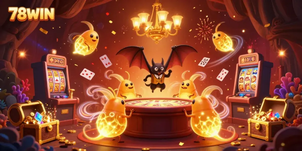 Spin and win with 78WIN at a vibrant cave casino, illuminated by glowworms and a bat dealer.
