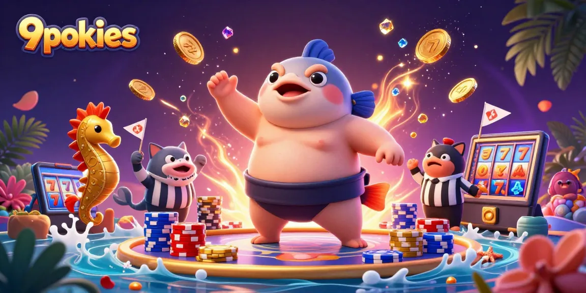 Experience the thrill of 9pokies with cartoon characters amidst cascading coins and vibrant visuals.