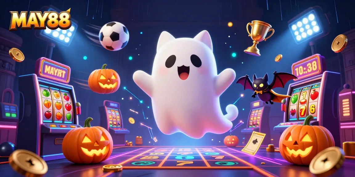MAY88 showcases a playful ghost cat and bat promoting exciting casino games and slots.