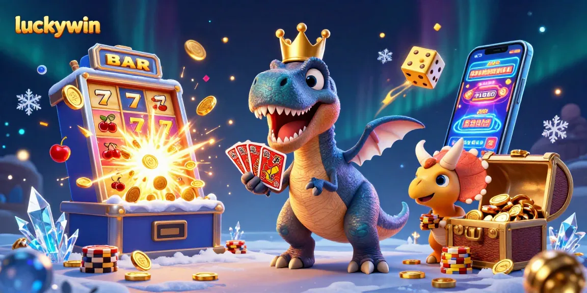 Engage with luckywin slots as T-Rex shuffles cards while a triceratops stacks chips amid casino excitement.