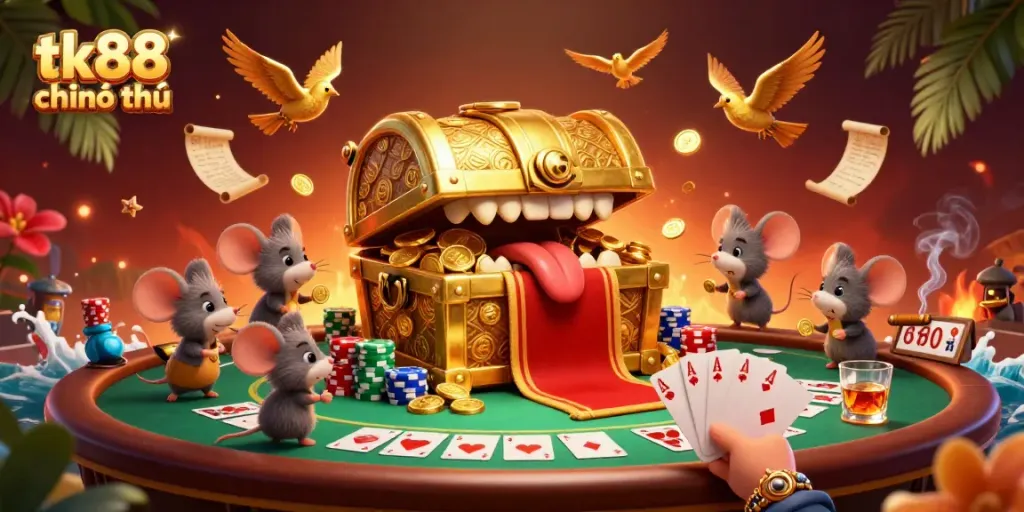 Engage in gambling action at tk88 chính thức with dynamic elements of poker and a treasure chest.