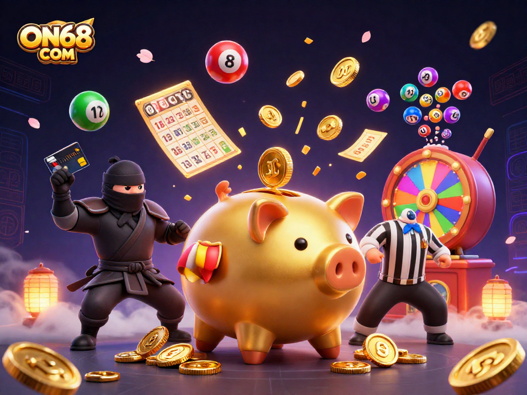 Experience the excitement of ON68 COM with vibrant gambling elements and characters in a dynamic scene.