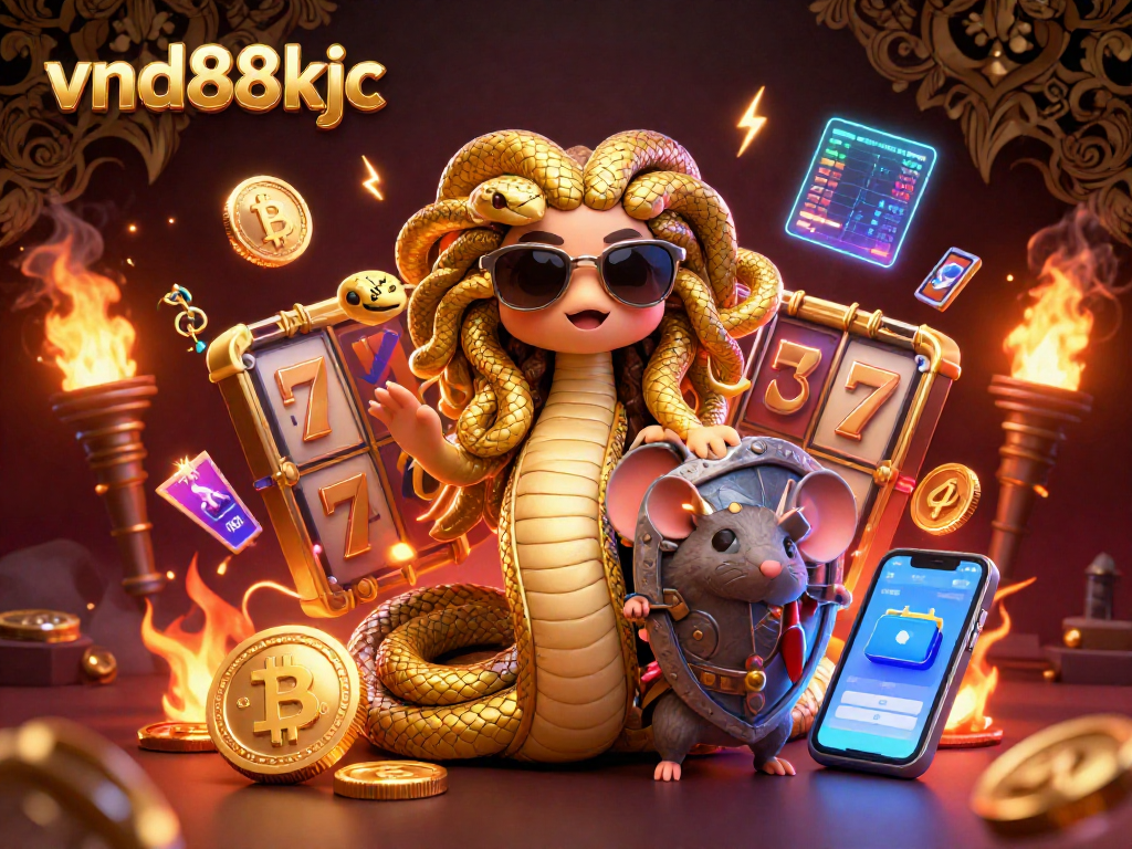 Engage with vnd88kjc in the animated casino scene featuring slot reels, Bitcoin coins, and vibrant graphics