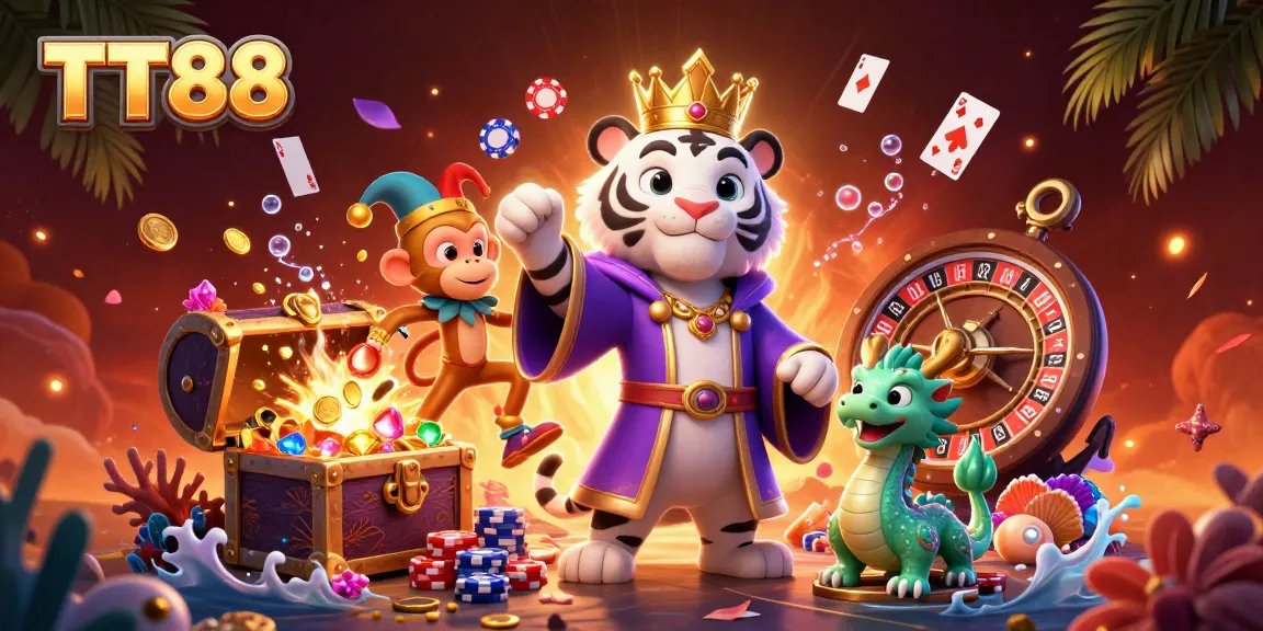 Engage in TT88's vibrant casino scene featuring a tiger, monkey, and jade dragon amidst gambling elements.