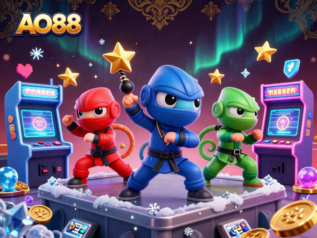 Engage in thrilling martial arts with AO88's colorful chameleon ninjas amidst a vibrant casino world.