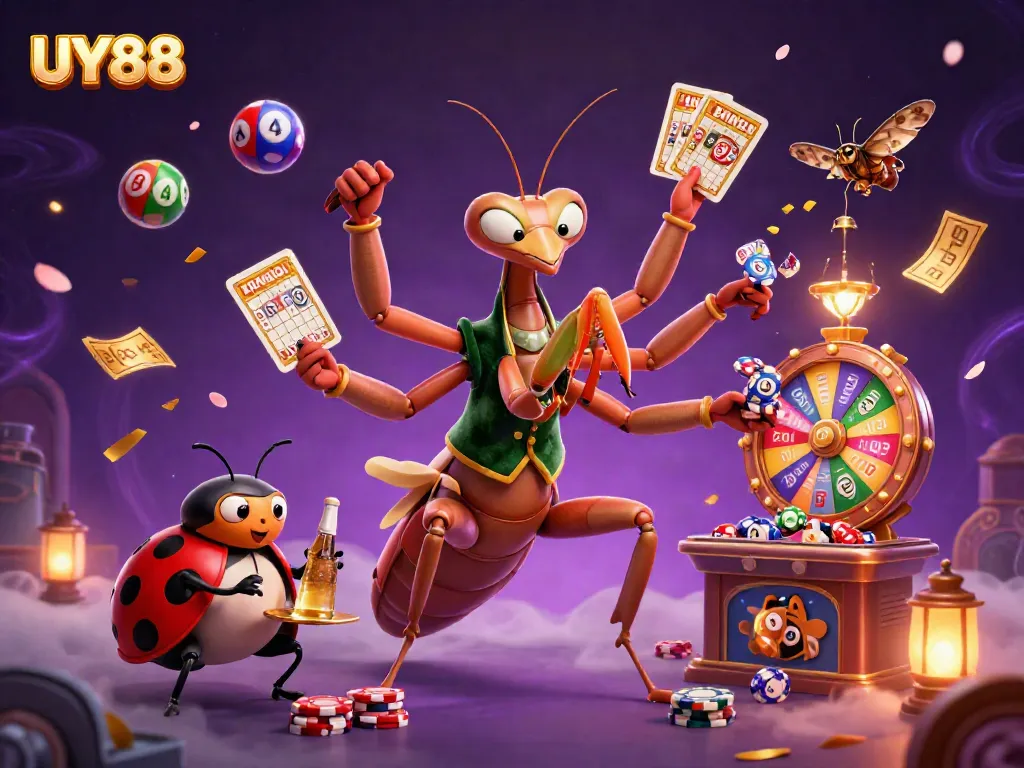 Experience the excitement of UY88 with a festive casino atmosphere featuring dynamic characters and colorful game elements.