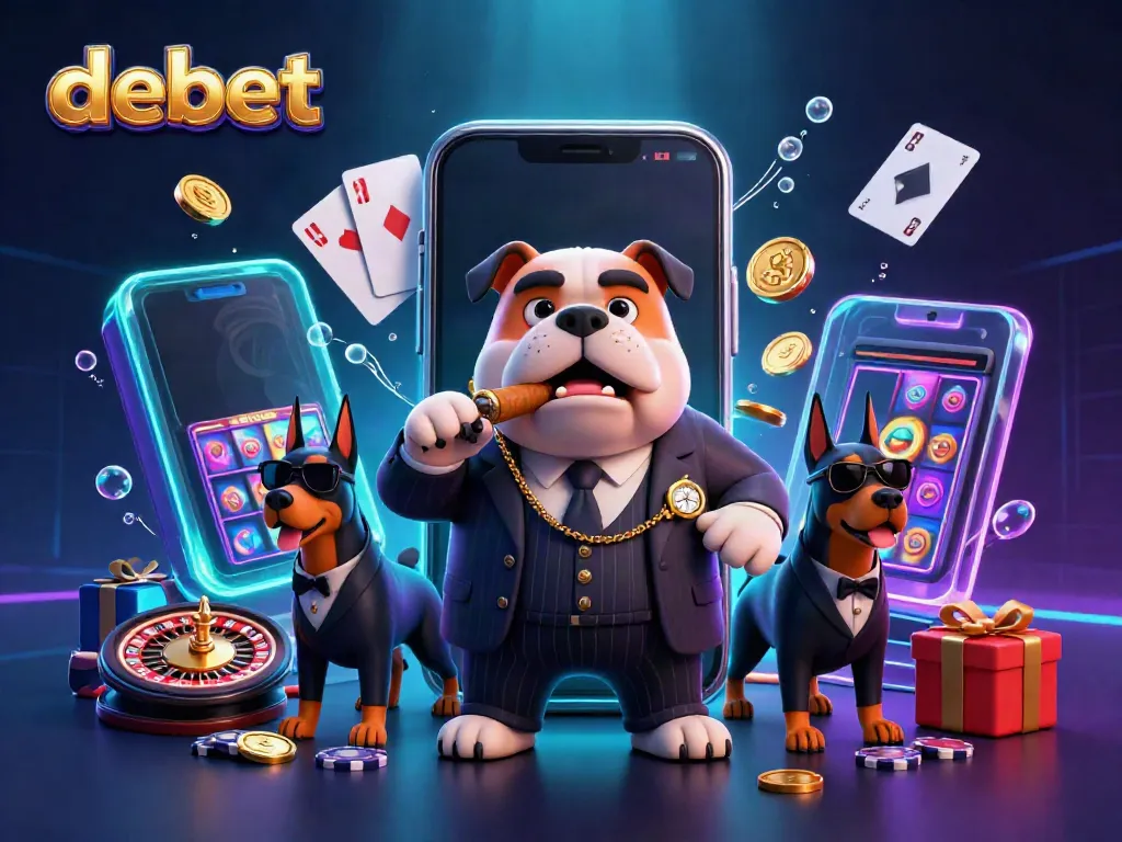 Experience the excitement of debet with a mafia boss and security, surrounded by vibrant casino elements.