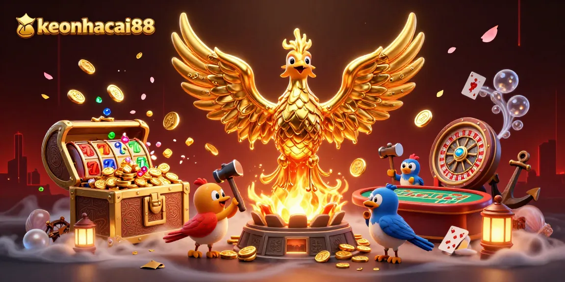 Immerse in gaming excitement at keonhacai88 with the golden phoenix and vibrant casino elements.