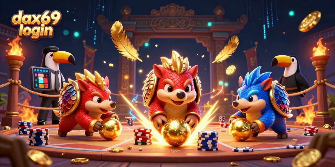Permainan seru di dax69 login dengan pangolin dan poker chip, menambah pengalaman permainan gaming.
