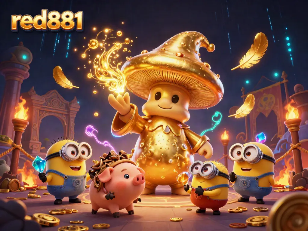 Experience thrilling magic at red881's online casino with the golden wizard, treasure-rich backdrop, and dynamic energy.