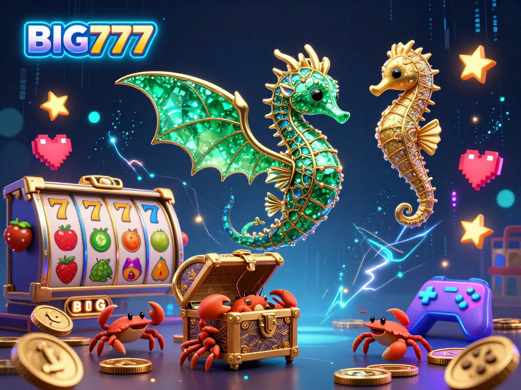 Engage in thrilling gameplay with BIG777 in this vibrant scene featuring emerald sea dragon and colorful slot reels.