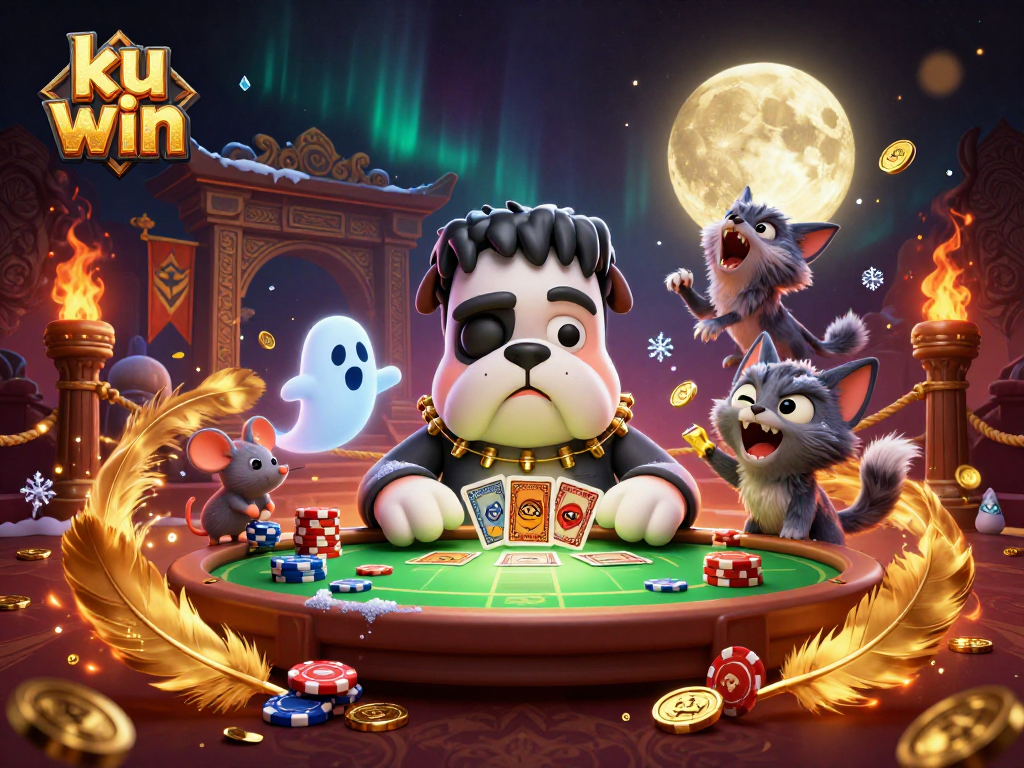 Experience ku win's thrilling games at a lively casino with fantasy characters dealing cards and floating chips.
