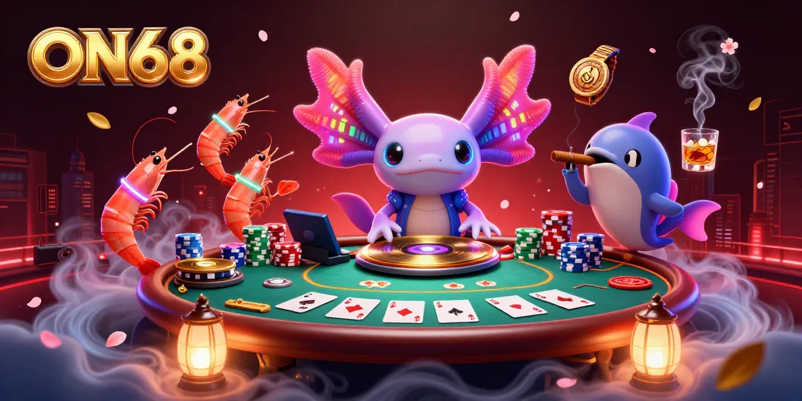 Engage with ON68's vibrant casino scene featuring an axolotl DJ and dynamic poker game elements.