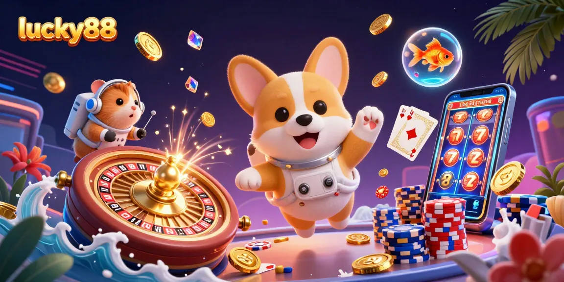Experience the excitement of lucky88 with a playful astronaut corgi in a vibrant space casino scene.
