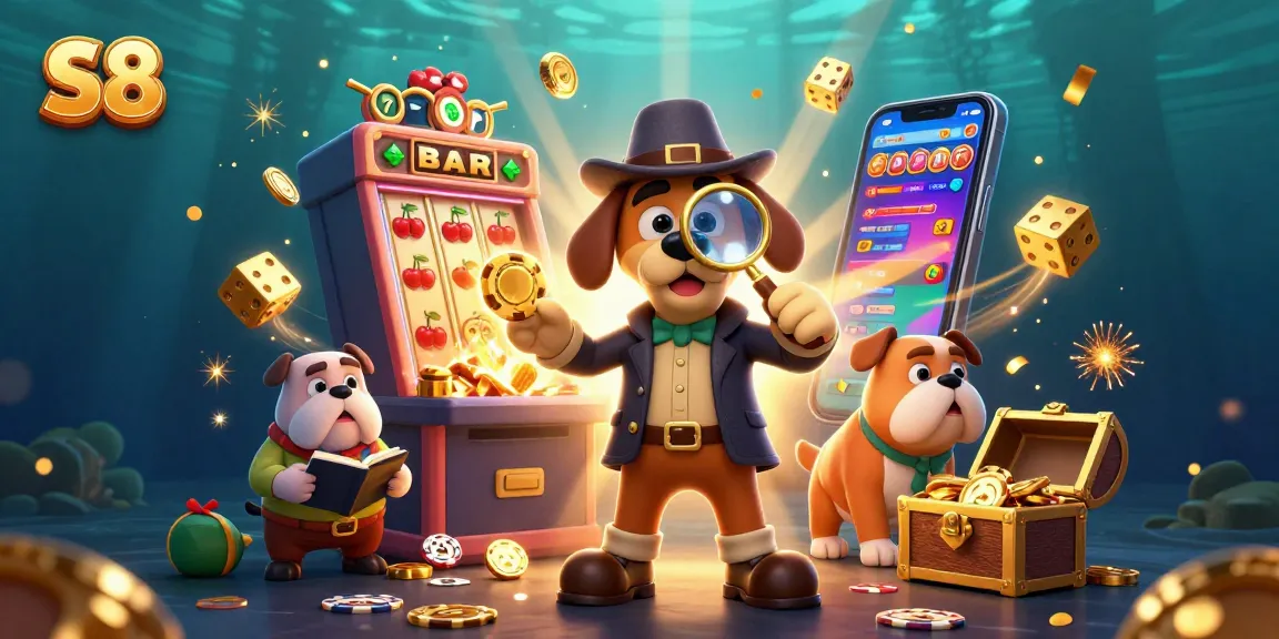 S8 casino illustration with a cartoon detective examining poker chip clues among slot machines and dice, showcasing winning moments.