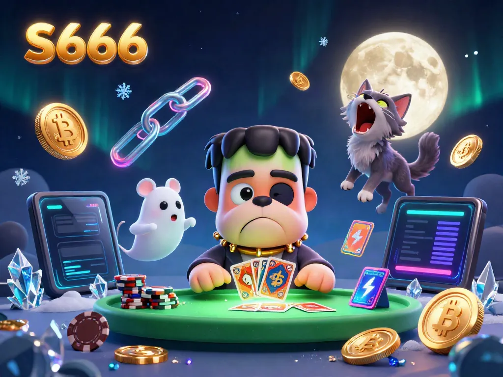 S666 cartoon scene featuring a Frankenstein bulldog dealer and a ghost mouse in a playful casino setting.
