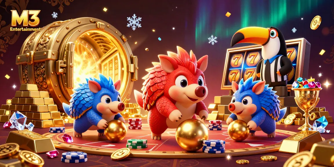 M3 Entertainment showcases rival pangolins bowling through poker chips in a vibrant 3D gambling scene.