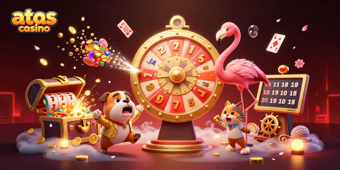 Spin the golden prize wheel at atas casino with thrilling characters and dazzling casino elements.