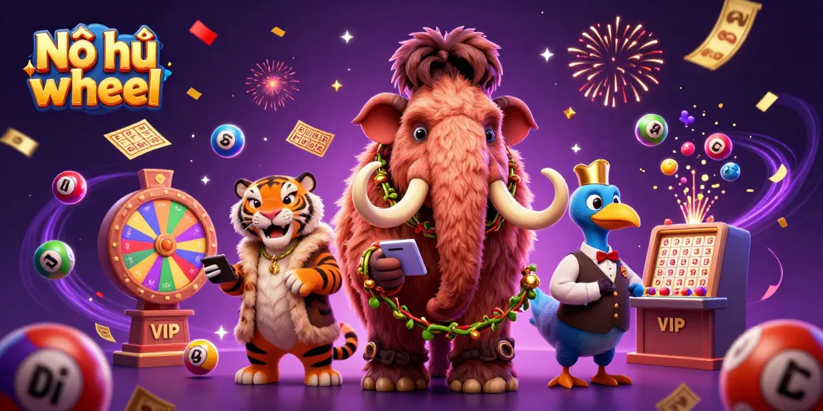 Nổ hũ wheel showcases a vibrant casino scene with a woolly mammoth bouncer, a saber-tooth tiger, and animated game elements.