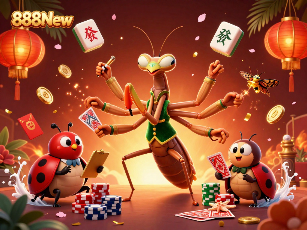Experience the thrill of gambling with 888New's colorful 3D casino scene, featuring dynamic characters and festive elements.
